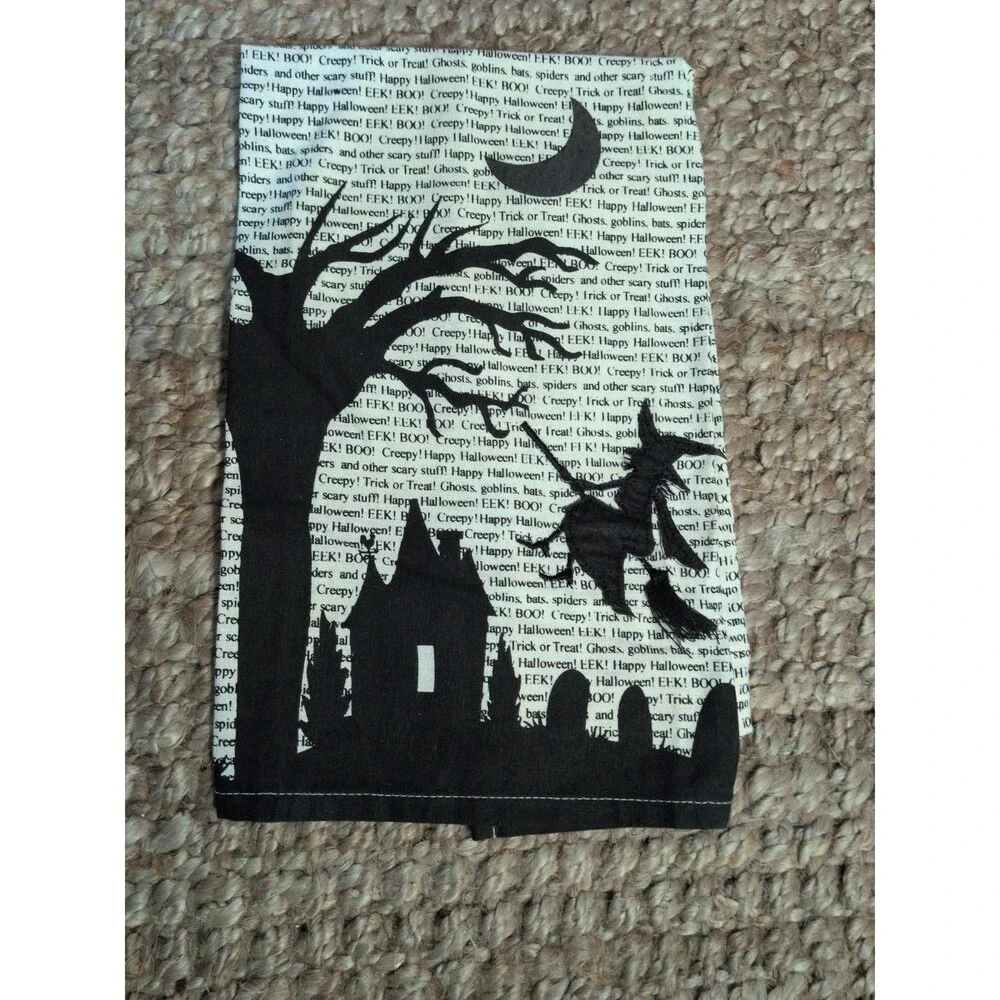 Halloween Tea Towel Witch Flying on Broom Spooky Tree Cemetery Holiday Kitchen